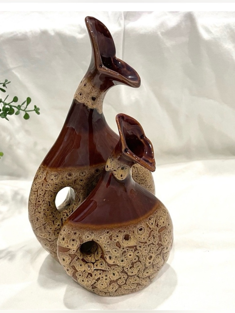 Pair (2) Van Briggle-Style Brown Ceramic Spiral Bud Vases w Cutout | Gorgeous!